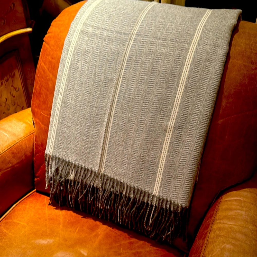 NWT 100 percent alpaca throw in a gray and cream herringbone and stripe.